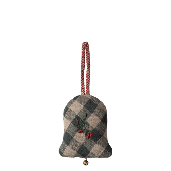 Maileg GLOCKE Ornament grün kariert Stickerei mit rot Stoffanhänger 8 cm Baumschmuck erhältlich bei www.luiseundfritz.de