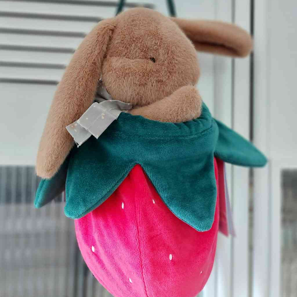 Maileg Plüschhase in meri meri Erdbeertasche aus Samt, alles erhältlich bei www.luiseundfritz.de