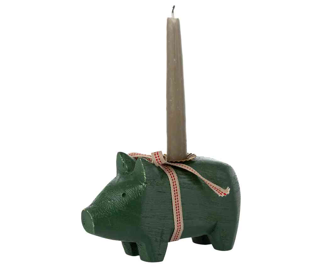 Maileg Holzschwein grün 10x5 cm Kerzenhalter für schmale Kerze ☆ Advent Glücksschwein