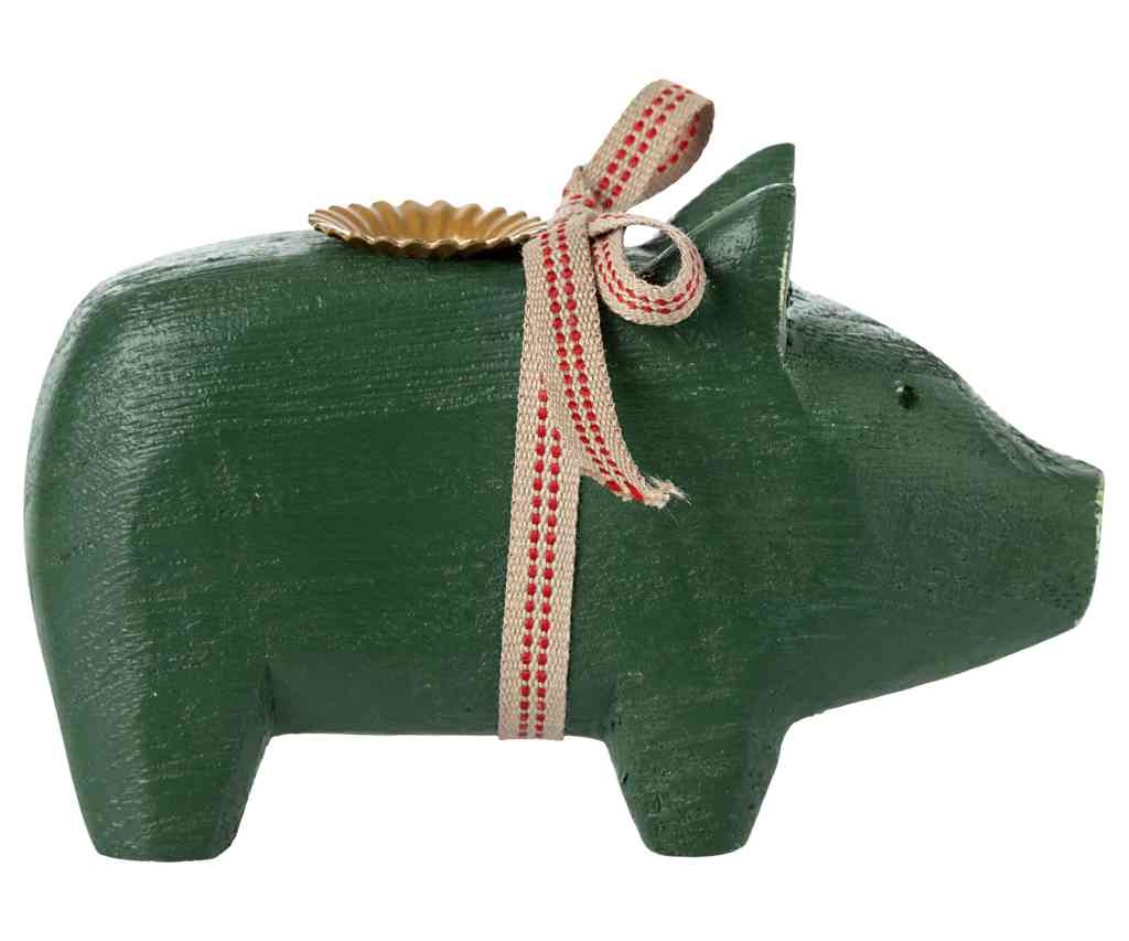 Maileg Holzschwein grün 10x5 cm Kerzenhalter für schmale Kerze ☆ Advent Glücksschwein