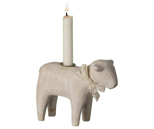 Maileg LAMM Kerzenhalter mit weißer Schleife | Holz 8x11x4 cm | Osterdekoration