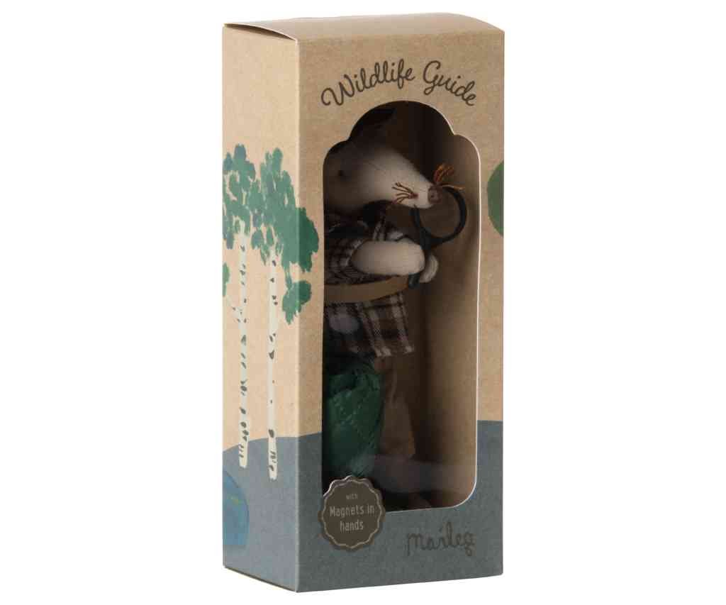 Maileg Maus WILDHÜTER ca. 15 cm Ranger Forscher Förster mit Schlafsack und Lupe
