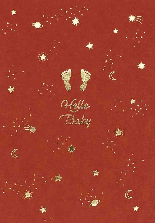 Postkarte HELLO BABY Grußkarte rot GEBURT Holzschliffpappe mit Goldfolie AVA & YVES