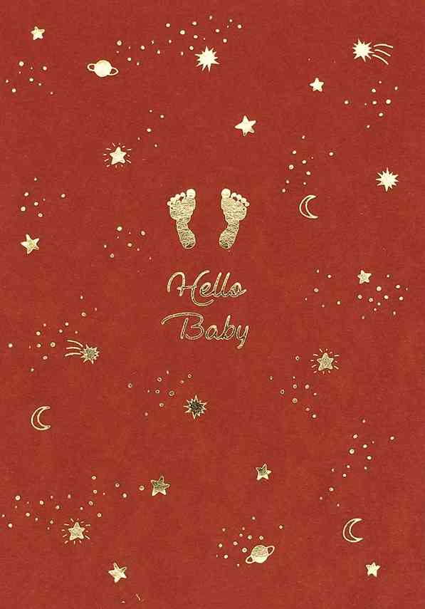 Postkarte HELLO BABY Grußkarte rot GEBURT Holzschliffpappe mit Goldfolie AVA & YVES