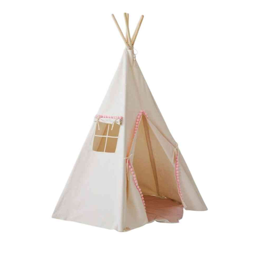 aufbau tipi zelt Spielzelt naturweiß m rosa Pompoms | TIPI Zelt | 5 Stangen