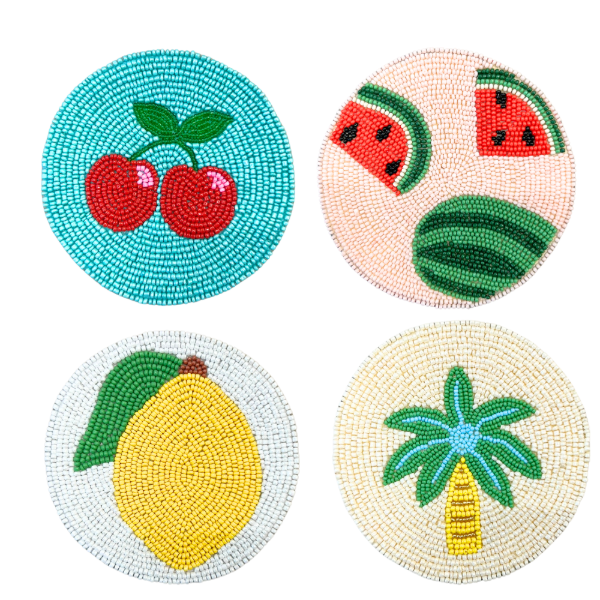 Untersetzer 4er Set rund ca. 10,5 cm SUMMER Glasperlen Motiv: Kirschen, Melonen, Zitrone, Palme. Handmade erhältlich bei www.luiseundfritz.de