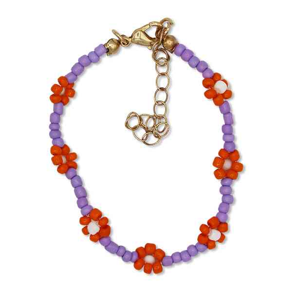 PERLENARMBAND lila/orange BLUMEN inkl. gestreiftem STOFFBEUTEL mit gestickter Blüte erhältlich bei www.luiseundfritz.de