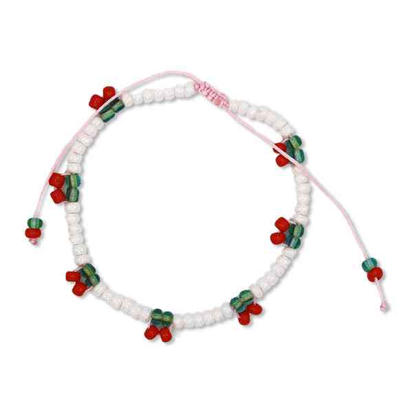 PERLENARMBAND rote KIRSCHEN inklusive gestreiftem, besticktem STOFFBEUTEL erhältlich bei www.luiseundfritz.de