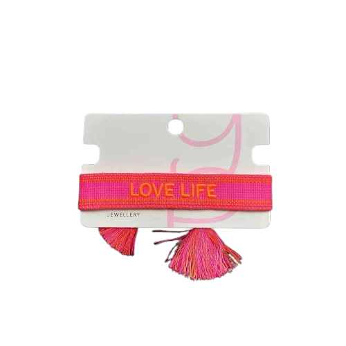 Armband LOVE LIFE Statement-Band pink neon gewebt und bestickt Freundschaftsband erhältlich bei www.luiseundfritz.de