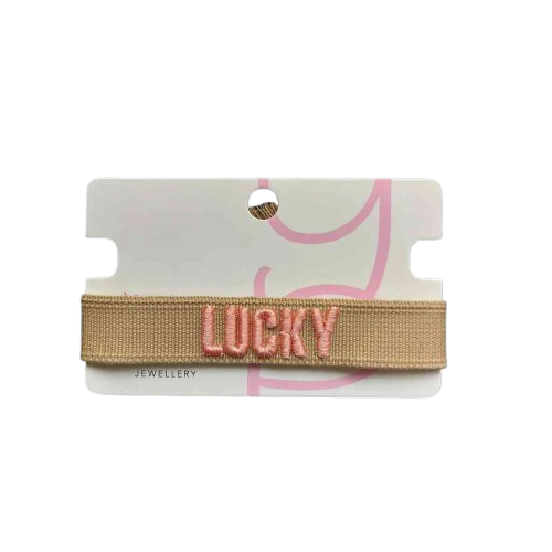 Armband LUCKY Statement-Band Webband in beige Bestickung in rosa Freundschaftsband erhältlich bei www.luiseundfritz.de