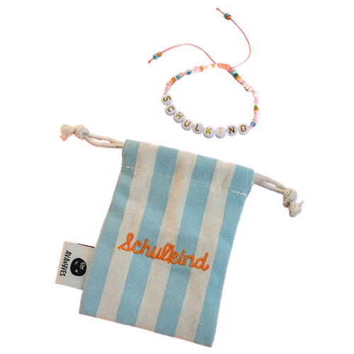 Perlenarmband SCHULKIND orange/rosa mit Buchstaben in gold inklusive blau gestreiftem, besticktem STOFFBEUTEL