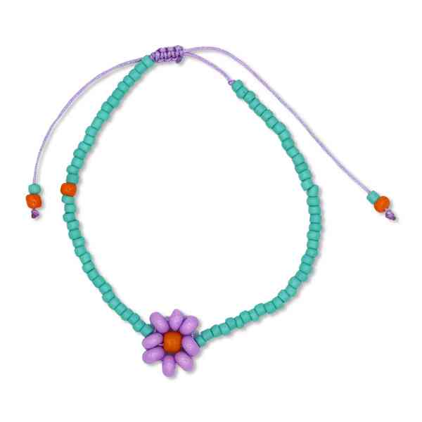 PERLENARMBAND türkis mit lila BLUME inkl. gestreiftem STOFFBEUTEL mit Blumenstickerei erhältlich bei www.luiseundfritz.de