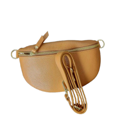 Umhängetasche / Bauchtasche aus genarbtem Leder. Hergestellt in Italien. Cognac-braun. erhältlich bei www.luiseundfritz.de