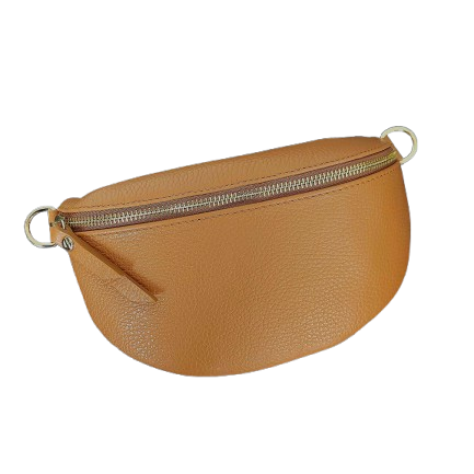 Crossbody-Bag: Umhängetasche / Bauchtasche aus genarbtem Leder. Hergestellt in Italien. Cognac-braun. erhältlich bei www.luiseundfritz.de