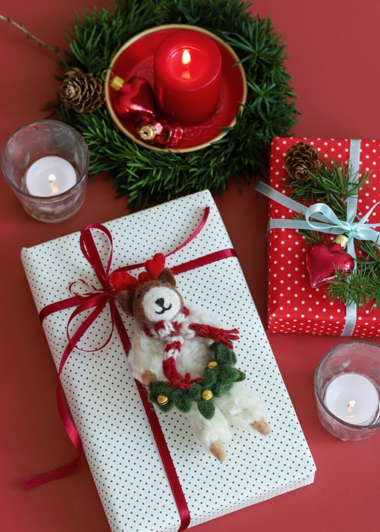 Stimmungsfoto mit Geschenk und einem Filzanhänger MS. RENTIER aus Lammwolle ca. 11,5x8,5 cm Deko erhältlich bei www.luiseundfritz.de