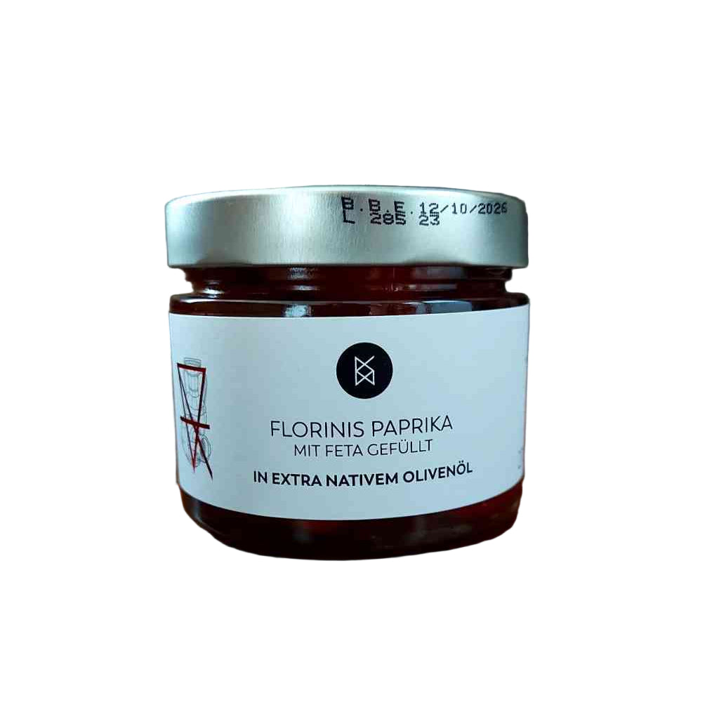 Florinis PAPRIKA mit FETA 270 g eingelegt in Castello Zacro Olivenöl, erhältlich bei www.luiseundfritz.de