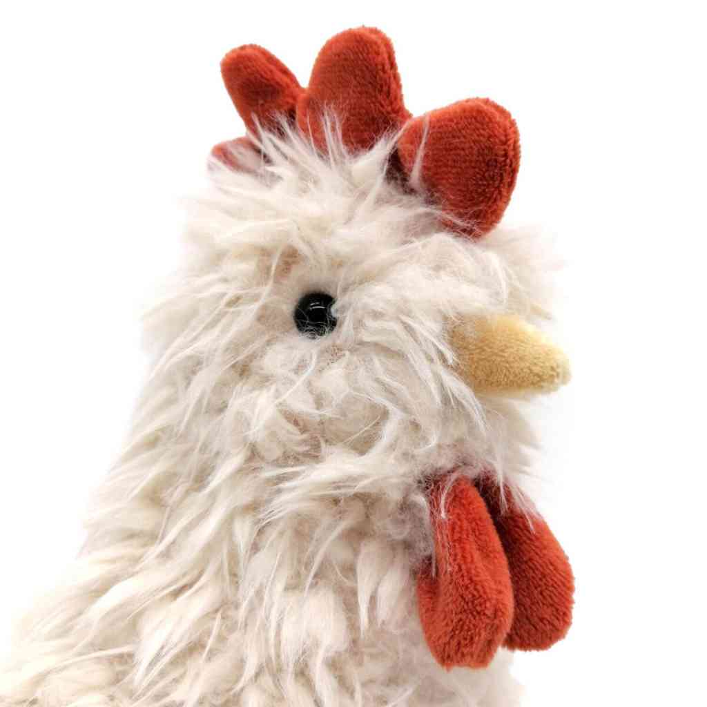 Detailfoto vom Kopf von Plüschtier HUHN ca. 27 cm weich und knuffig Kollektion MEA Lini erhältlich bei www.luiseundfritz.de