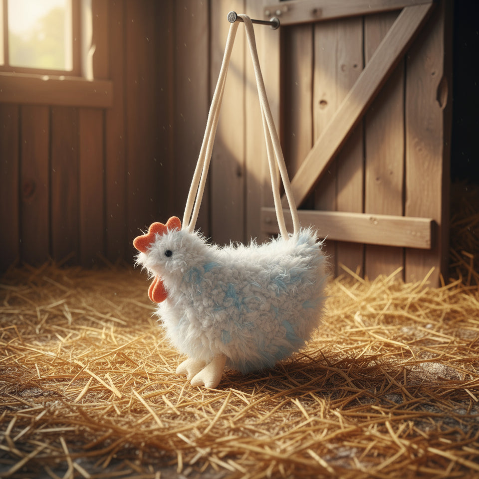 Ki generiertes Bild von Umhängetasche HUHN Farmtier ca. 21x25 cm flauschig weiche Kindertasche Kollektion MEA Lini, erhältlich bei www.luiseundfritz.de