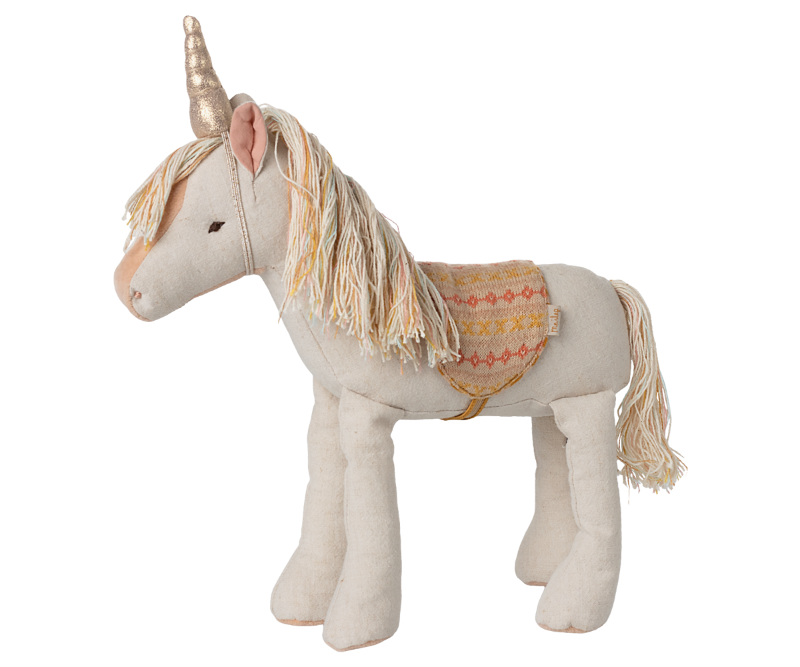 Maileg EINHORN medium mit Sattel Stofftier ca. 24 cm Leinen + Baumwolle