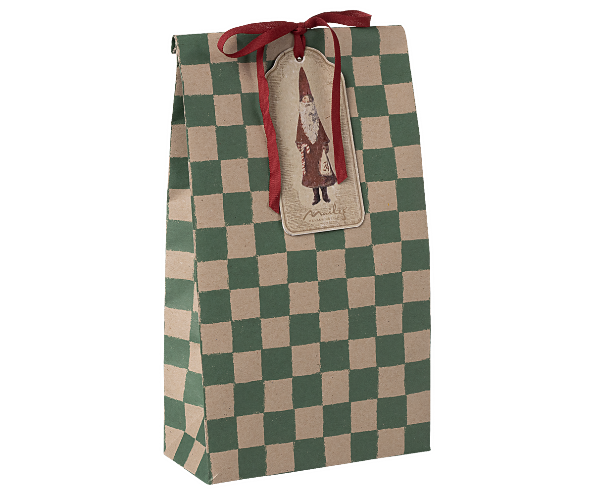 Maileg 10x Geschenktüten medium CHECKER GREEN Papierbeutel 30,5 cm Bodenbeutel