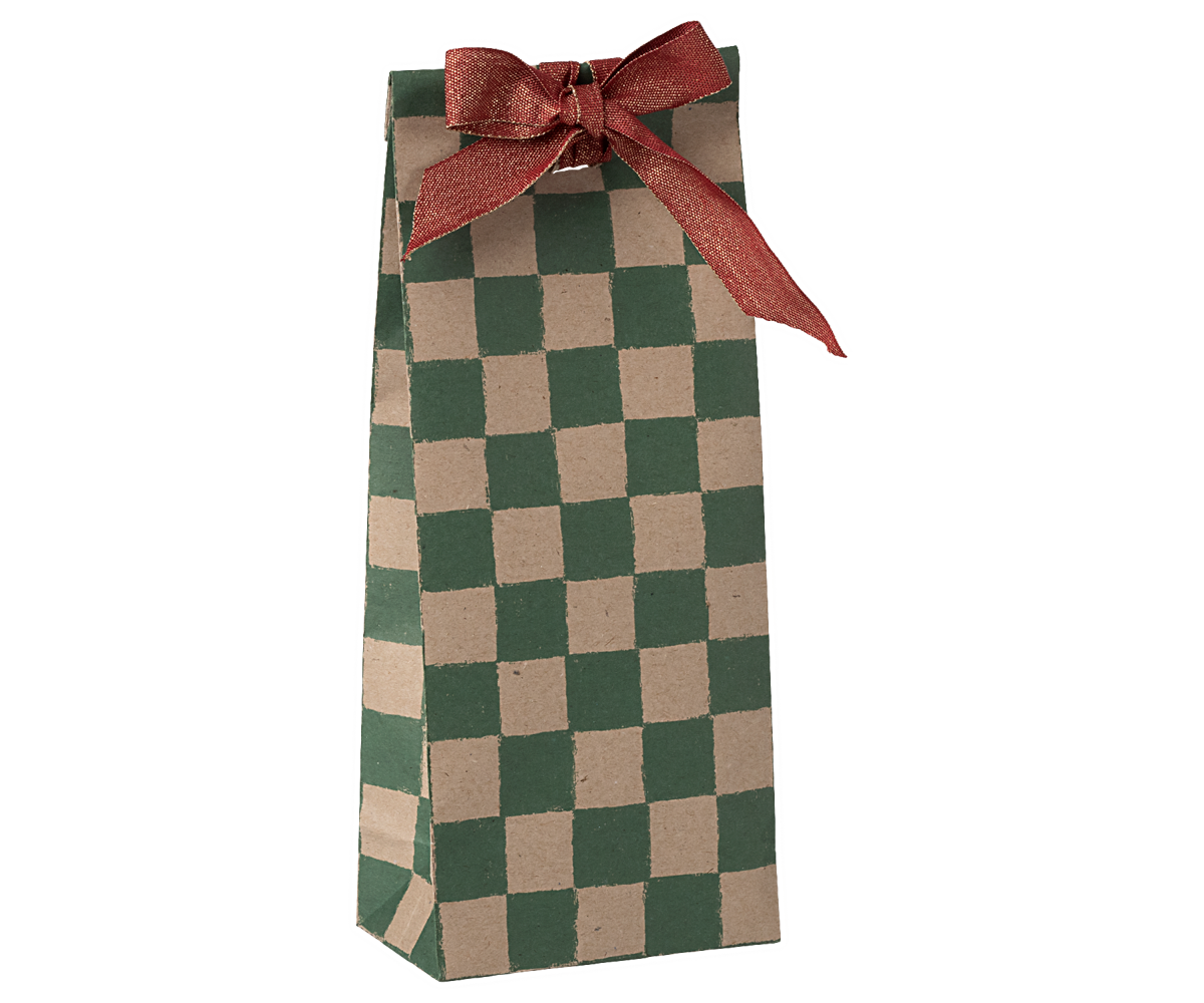 Maileg 10x Geschenktüten mini CHECKER GREEN Papierbeutel 26,5 cm Bodenbeutel