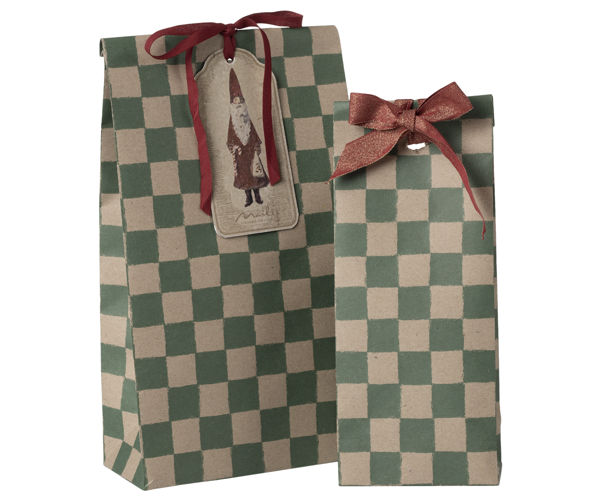 Maileg 10x Geschenktüten mini CHECKER GREEN Papierbeutel 26,5 cm Bodenbeutel