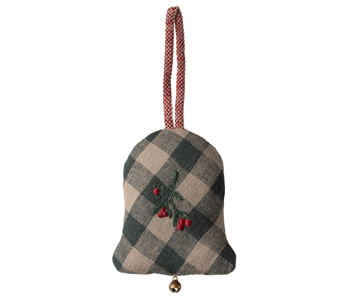 Maileg GLOCKE Ornament grün kariert Stickerei mit rot Stoffanhänger 8 cm Baumschmuck erhältlich bei www.luiseundfritz.de