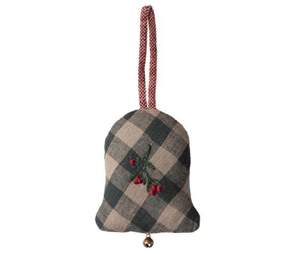 Maileg GLOCKE Ornament grün kariert Stickerei mit rot Stoffanhänger 8 cm Baumschmuck erhältlich bei www.luiseundfritz.de