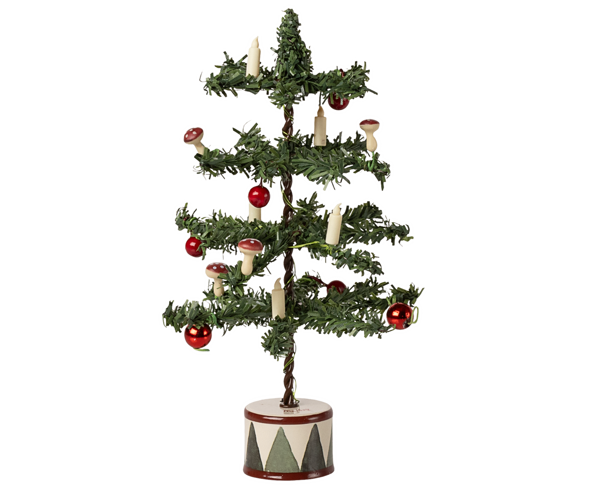 Maileg Weihnachtsbaum mit LED-Kerzen, Kugel und Pilze Miniatur Puppenhauszubehör ca. 16 cm - erhältlich bei www.luiseundfritz.de