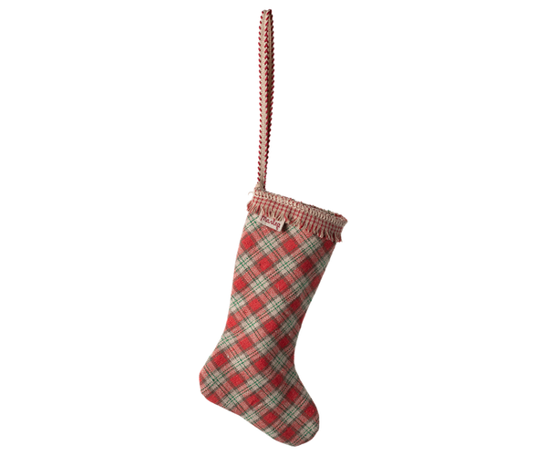Maileg Strumpf Ornament Karo rot Tartanmuster Weihnachtssocke ☆ Nikolausstrumpf ca. 11x5 cm Leinen-Baumwolle