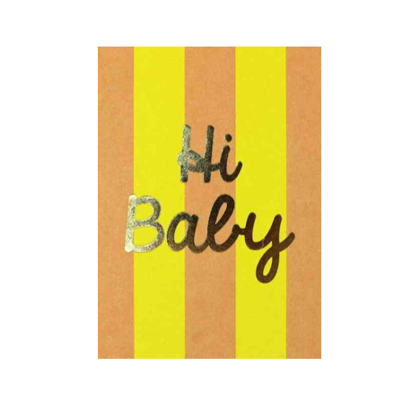Postkarte HI BABY Grußkarte mit Blockstreifen lachs/gelb Holzschliffpappe mit Goldfolie
