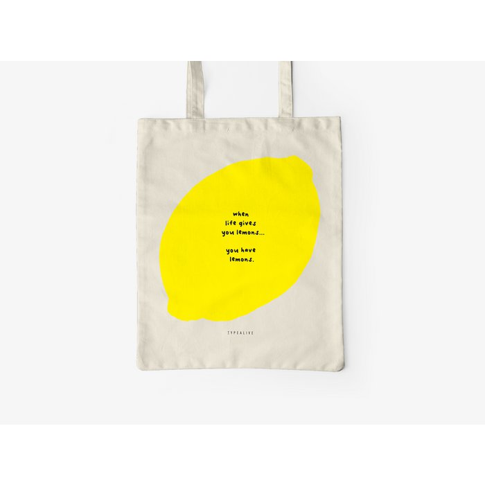 Stofftasche YOU HAVE LEMONS natur gelb Statement-Stoffbeutel ca. 38x42 cm Spruch: when live gives you lemons... you have lemons. Tasche erhältlich bei www.luiseundfritz.de