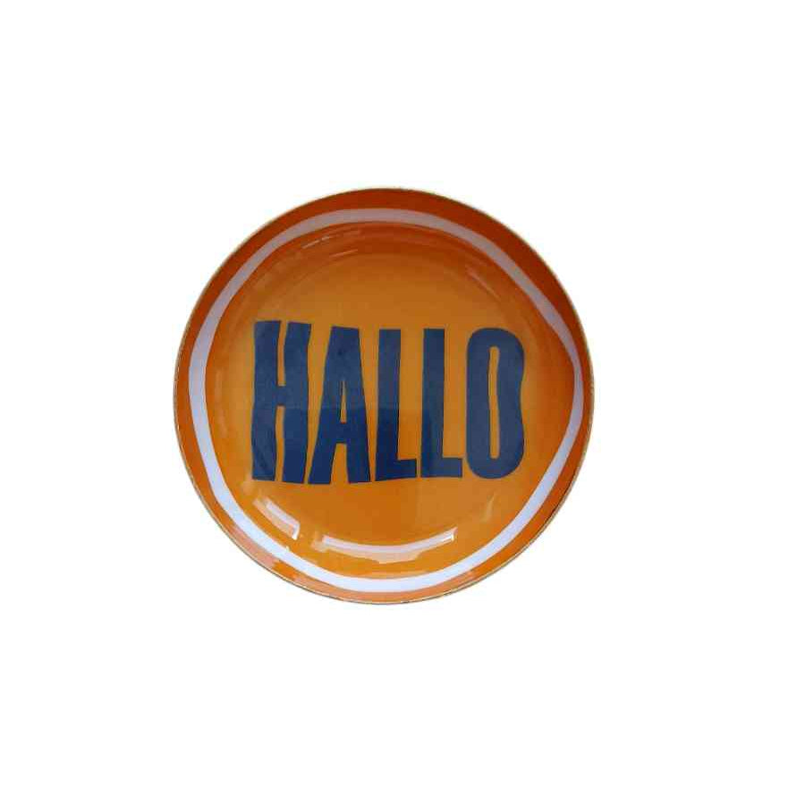 Untersetzter HALLO kleines Tablett ca. 11,5 cm Metall orange Statement-Deko erhältlich bei www.luiseundfritz.de