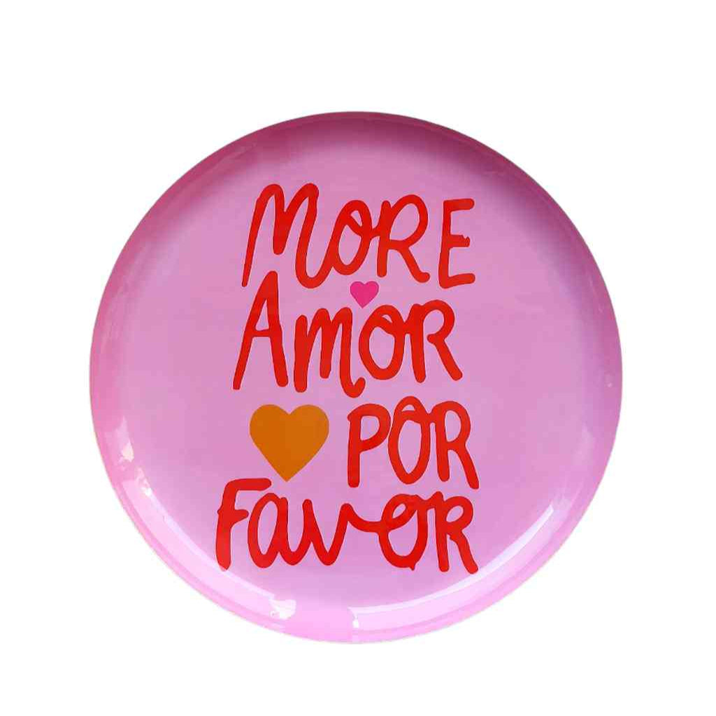 Tablett MORE AMOR POR FAVOR ca. 30x2 cm Metall rosa rot Statement-Deko erhältlich bei www.luiseundfritz.de