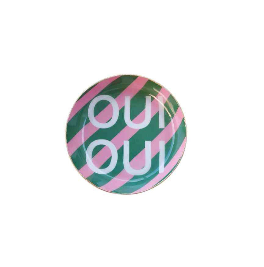 Untersetzter OUI OUI kleines Tablett ca. 11,5 cm Metall grün rosa Streifen Statement-Deko erhältlich bei www.luiseundfritz.de