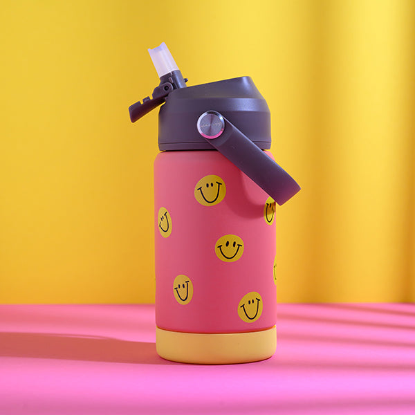 Trinkflasche SMILE 350 ml Thermoflasche koralle mit aufklappbarem Mundstück, Trinkhalm und Griff