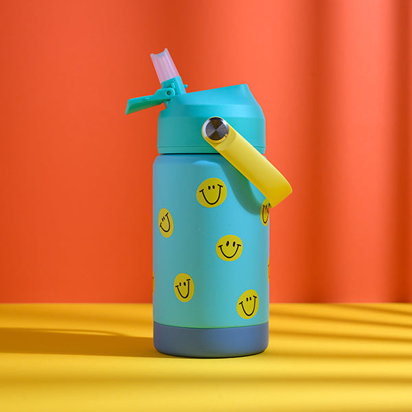 Trinkflasche SMILE 350 ml Thermoflasche türkis mit aufklappbarem Mundstück, Trinkhalm und Griff