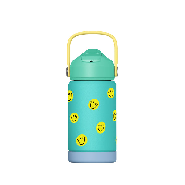Trinkflasche SMILE 350 ml Thermoflasche türkis mit aufklappbarem Mundstück, Trinkhalm und Griff