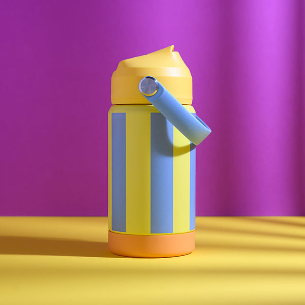 Trinkflasche STRIPES 350 ml Thermoflasche gelb/hellblau mit aufklappbarem Mundstück, Trinkhalm und Griff