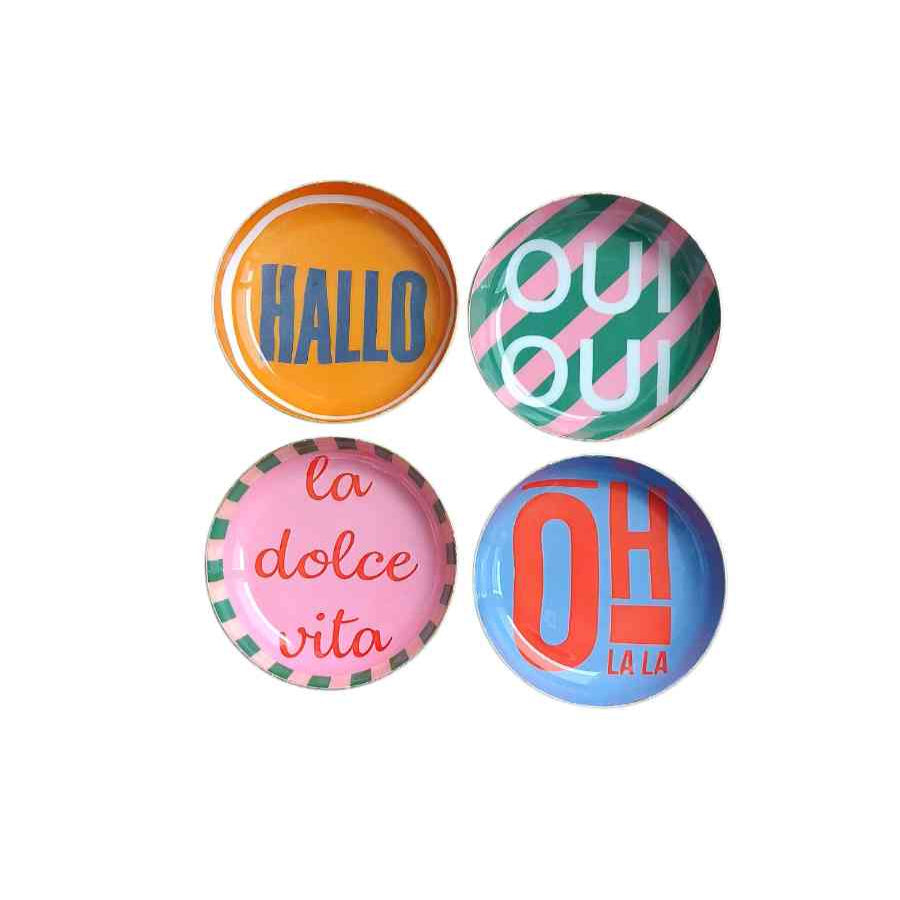 Untersetzer 4er Set LA DOLCE VITA, OH LA LA, HALLO, OUI OUI Tablett ca. 11,5 cm Statement-Deko erhältlich bei www.luiseundfritz.de