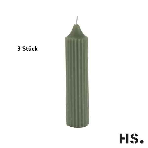 Kerzen grün im 3er Set | Stabkerze STRIPED XL gerillt | 15,5x3,5 cm HOME SOCIETY