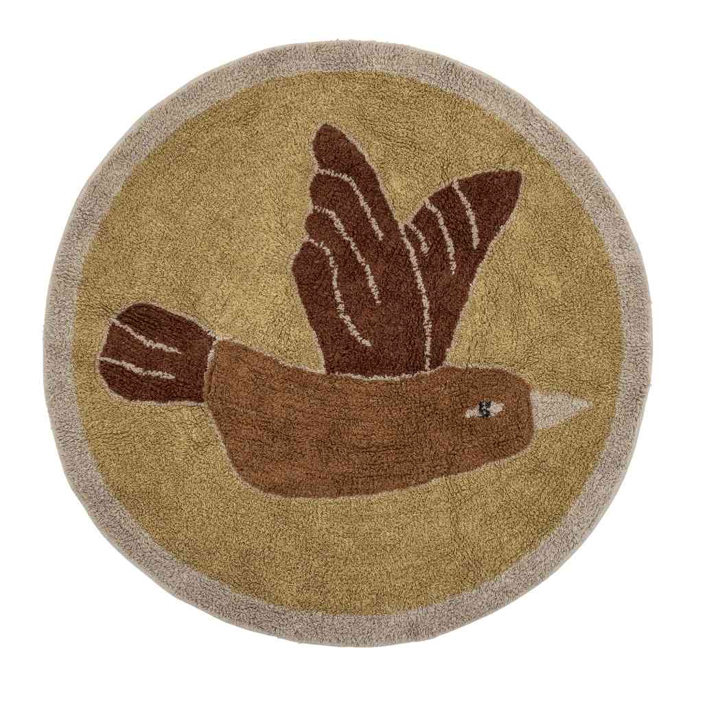 bloomingville teppich rund aus 100% Baumwolle, 90 cm durchmesser mit vogelmotiv, thema bohokids, erhältlich bei luiseundfritz.de