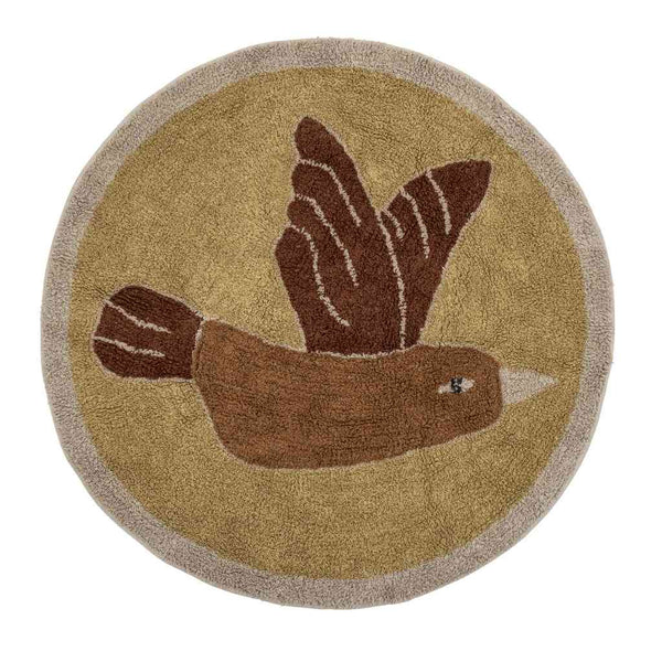 bloomingville teppich rund aus 100% Baumwolle, 90 cm durchmesser mit vogelmotiv, thema bohokids, erhältlich bei luiseundfritz.de