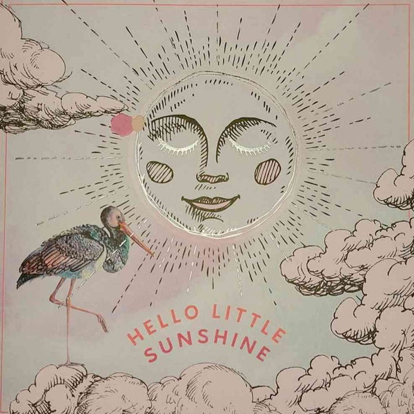 glückwunschkarte zur geburt, rosa design mit storch und sonne, aufschrift hello little sunshine, erhältlich bei luiseundfritz.de