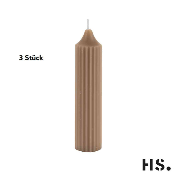 Kerzen sandfarben im 3er Set | Stabkerze STRIPED XL gerillt | 15,5x3,5 cm HOME SOCIETY