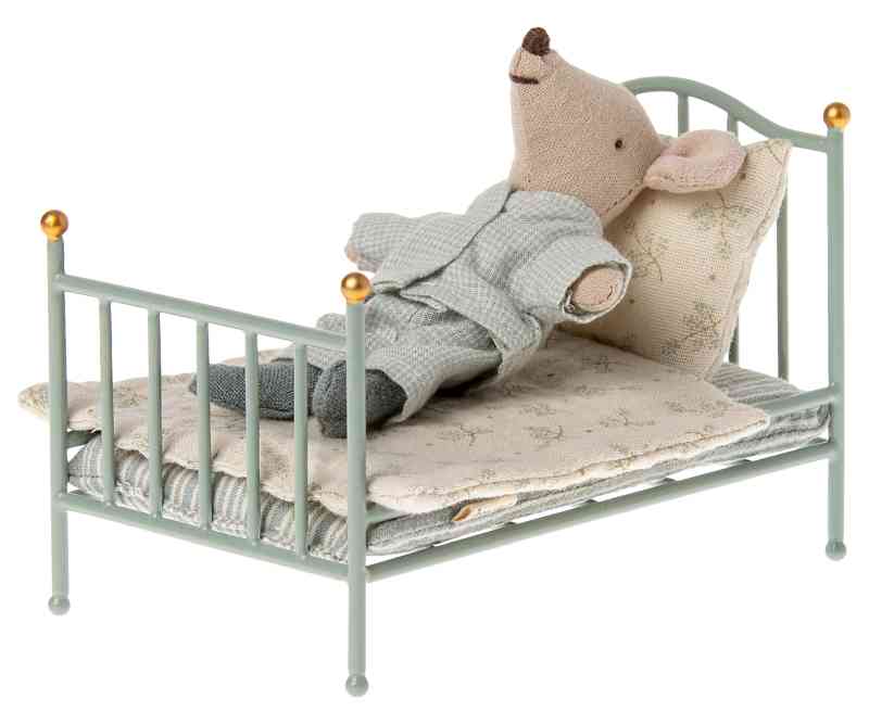 Maileg Bett blau VINTAGE BED micro Metallbett mit Bettwäsche Mailegmöbel Mausbett