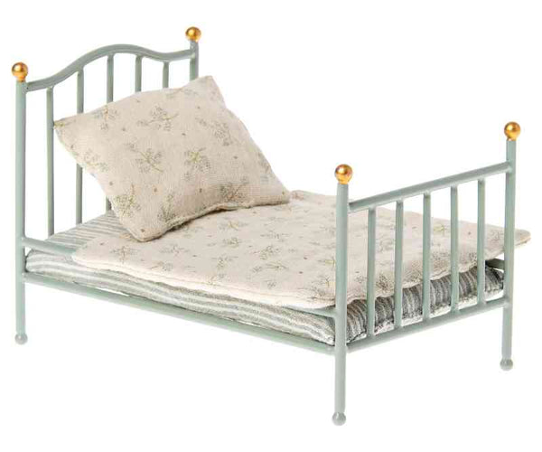 Maileg Bett blau VINTAGE BED micro Metallbett | mit Bettwäsche | Mailegmöbel Mausbett