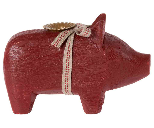 Maileg Holzschwein rot klein | Kerzenhalter für schmale Kerze | Advent Glücksschwein