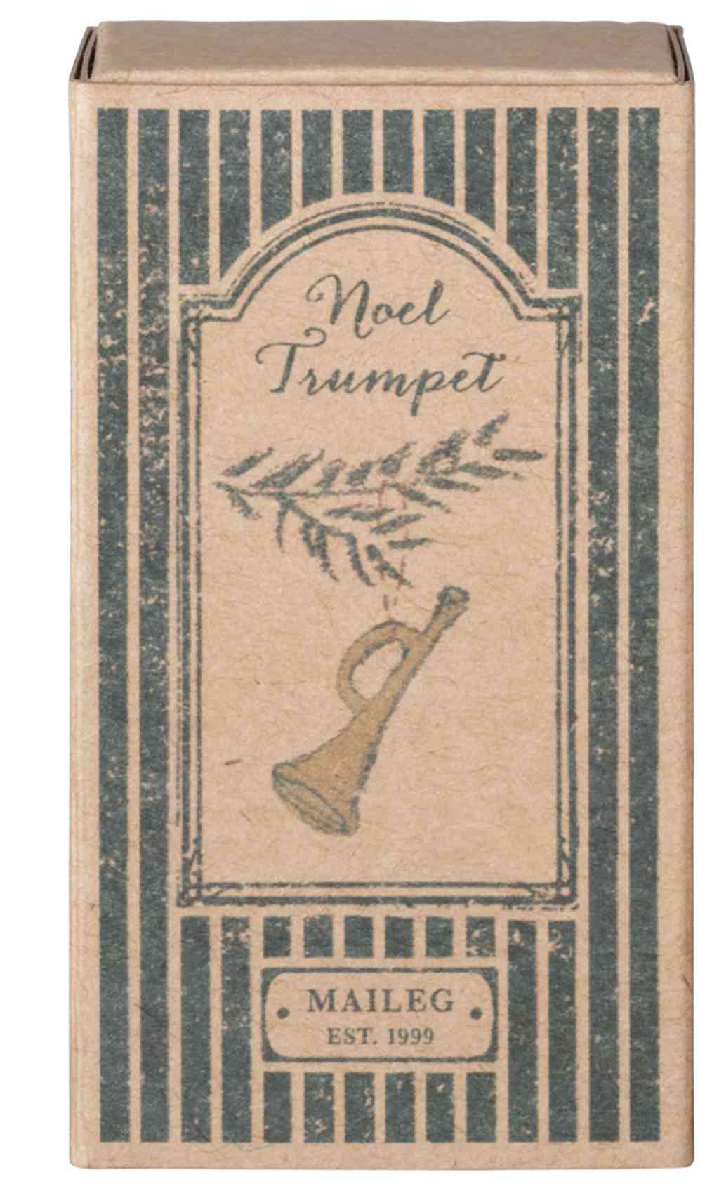 Verpackung der maileg trompete metallanhänger für weihnachten und adventszeit in goldfarben, bei luiseundfritz.de