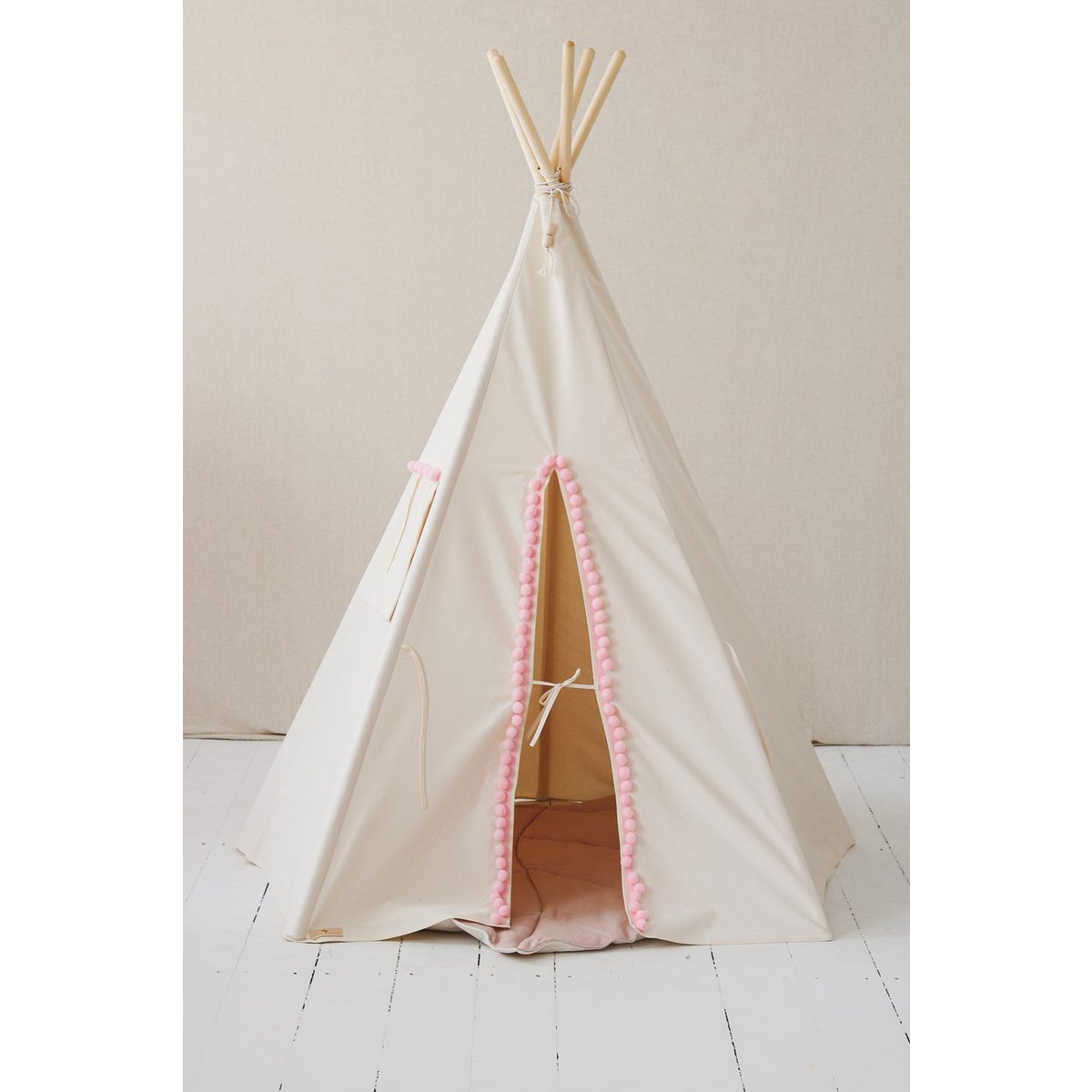 Spielzelt naturweiß m rosa Pompoms | TIPI Zelt | 5 Stangen